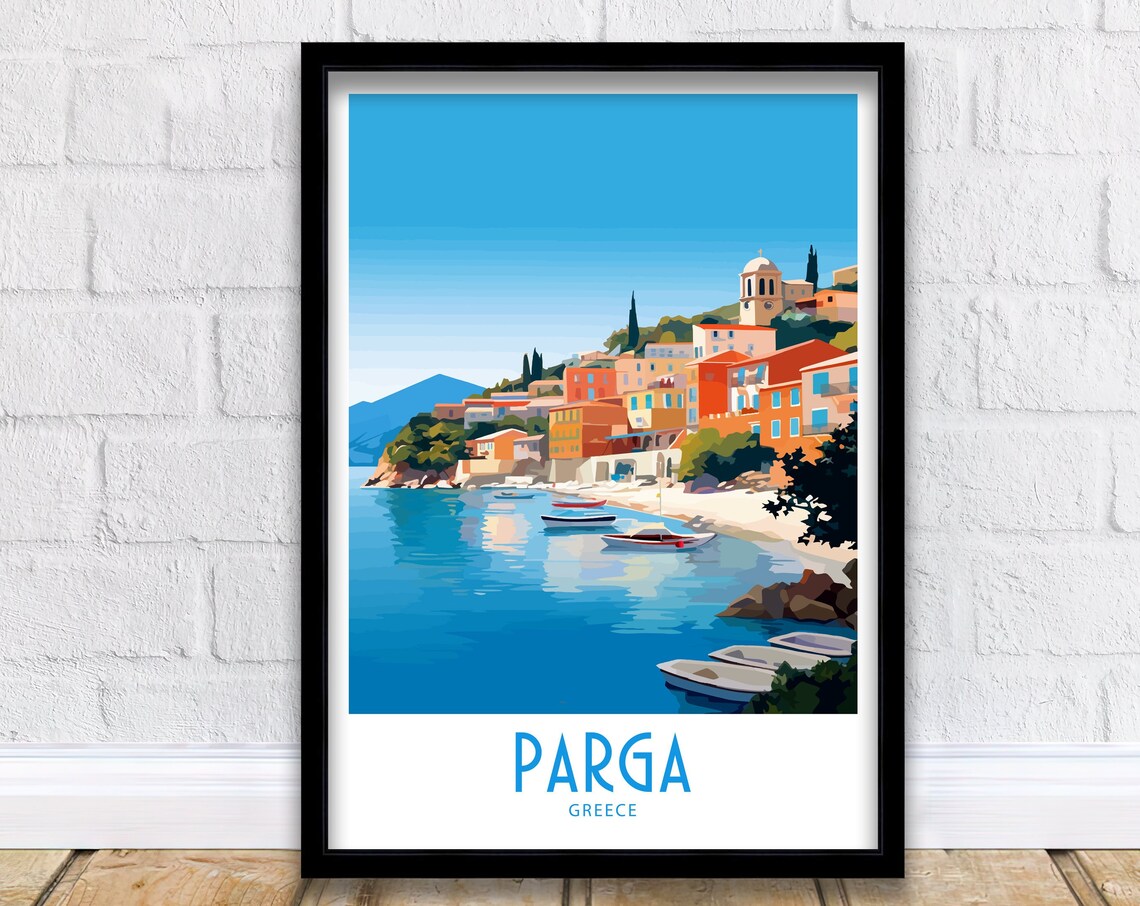 Parga Greece Hillside Harbor Town Boats Blue Bay Travel Art Poster
