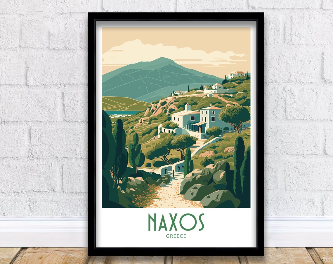 Naxos Greece Hillside Village Mountain View Retro Travel Poster