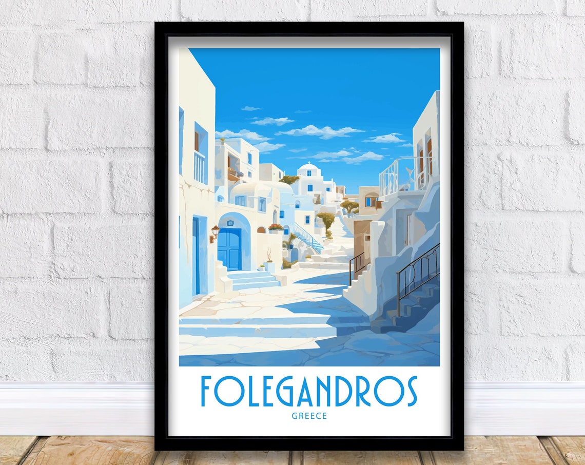 Folegandros Greece Whitewashed Alley Blue Doors Stairs Travel Poster