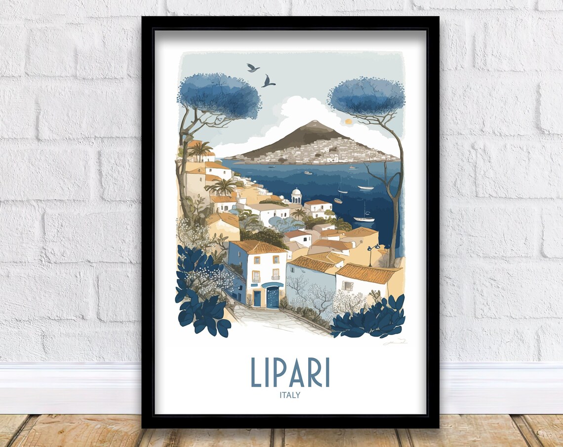 Lipari Italy Watercolor Coastal Town With Island Volcano Travel Poster
