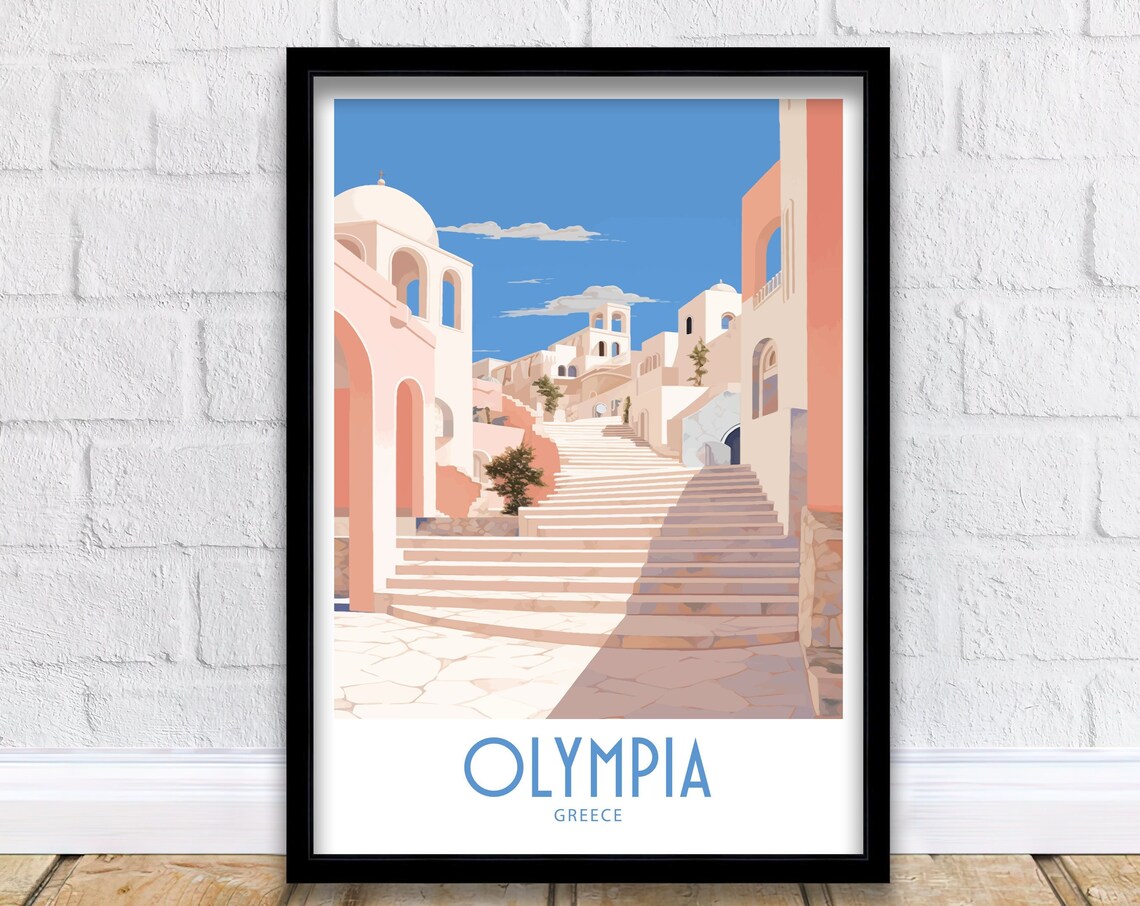 Olympia Greece Hilltop Steps Church Towers Sunlit Climb Travel Poster