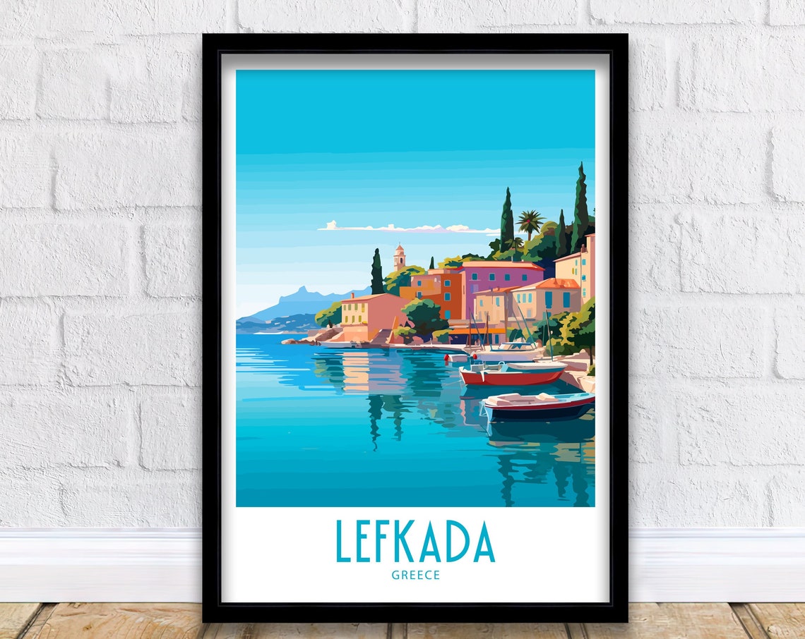 Lefkada Greece Calm Waterfront Sailboats Retro Travel Poster