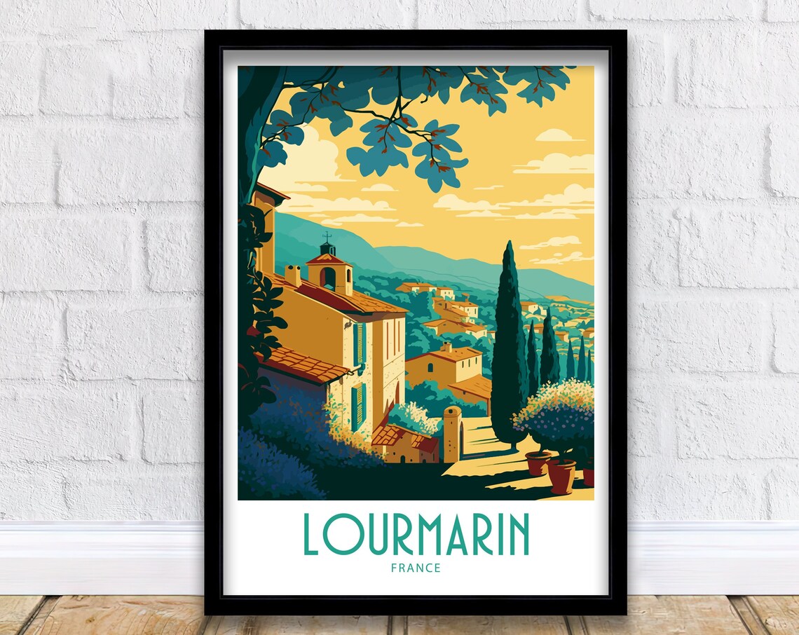 Lourmarin France Hillside Village Church Cypress Trees Travel Poster