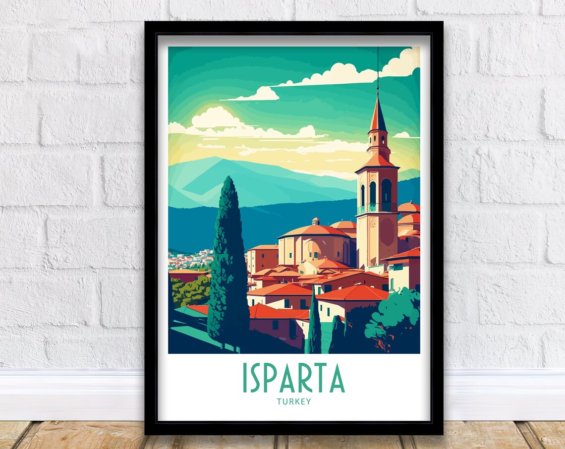 Isparta Turkey Old Town Bell Tower Mountain Retro Travel Poster