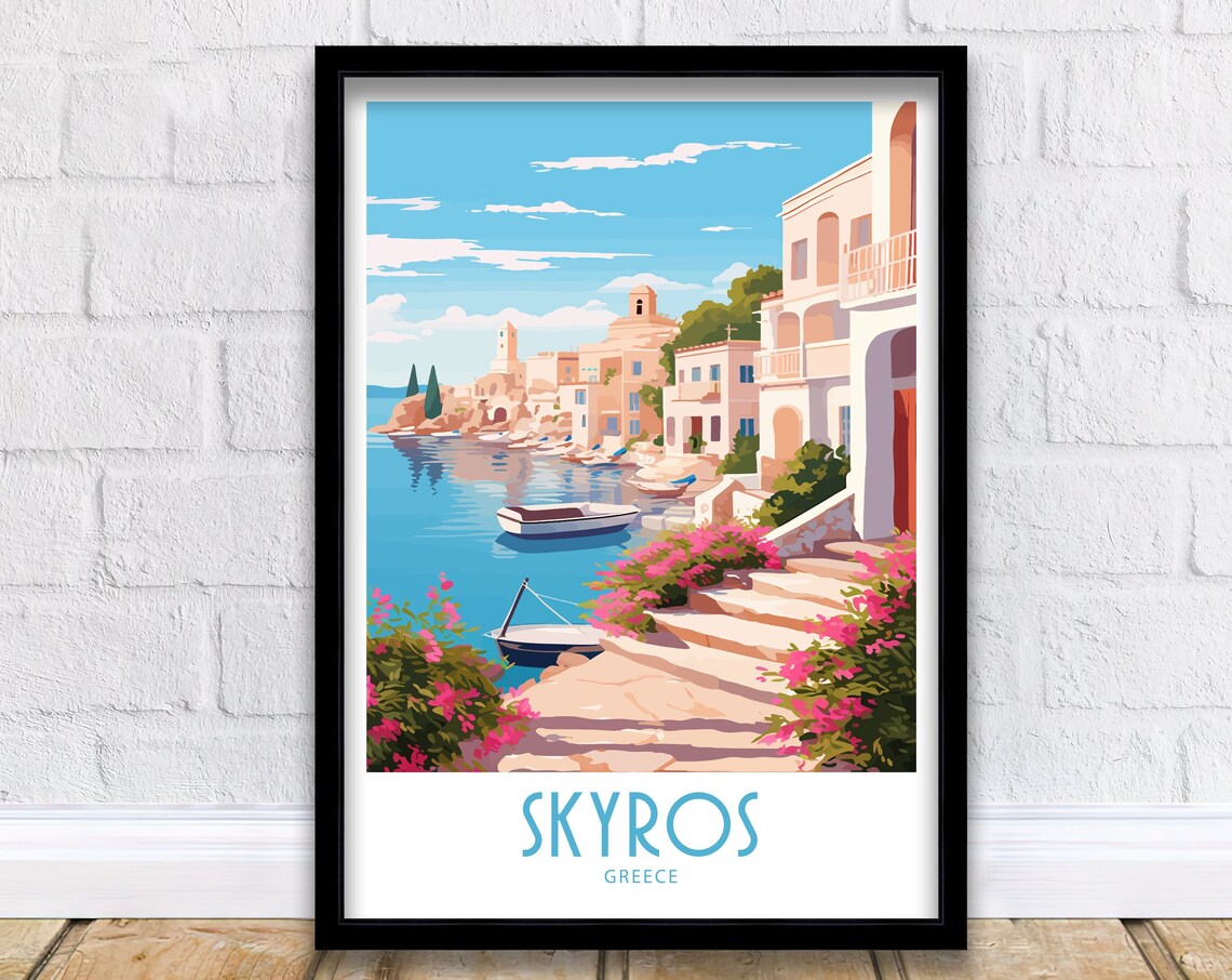 Skyros Greece Colorful Harbor Boats Pastel Waterfront Houses Poster