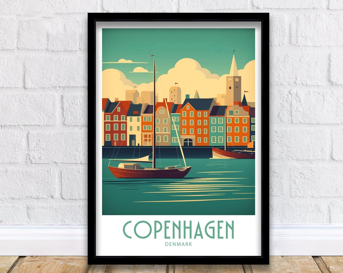 Copenhagen Denmark Colorful Nyhavn Harbor Retro Travel Poster