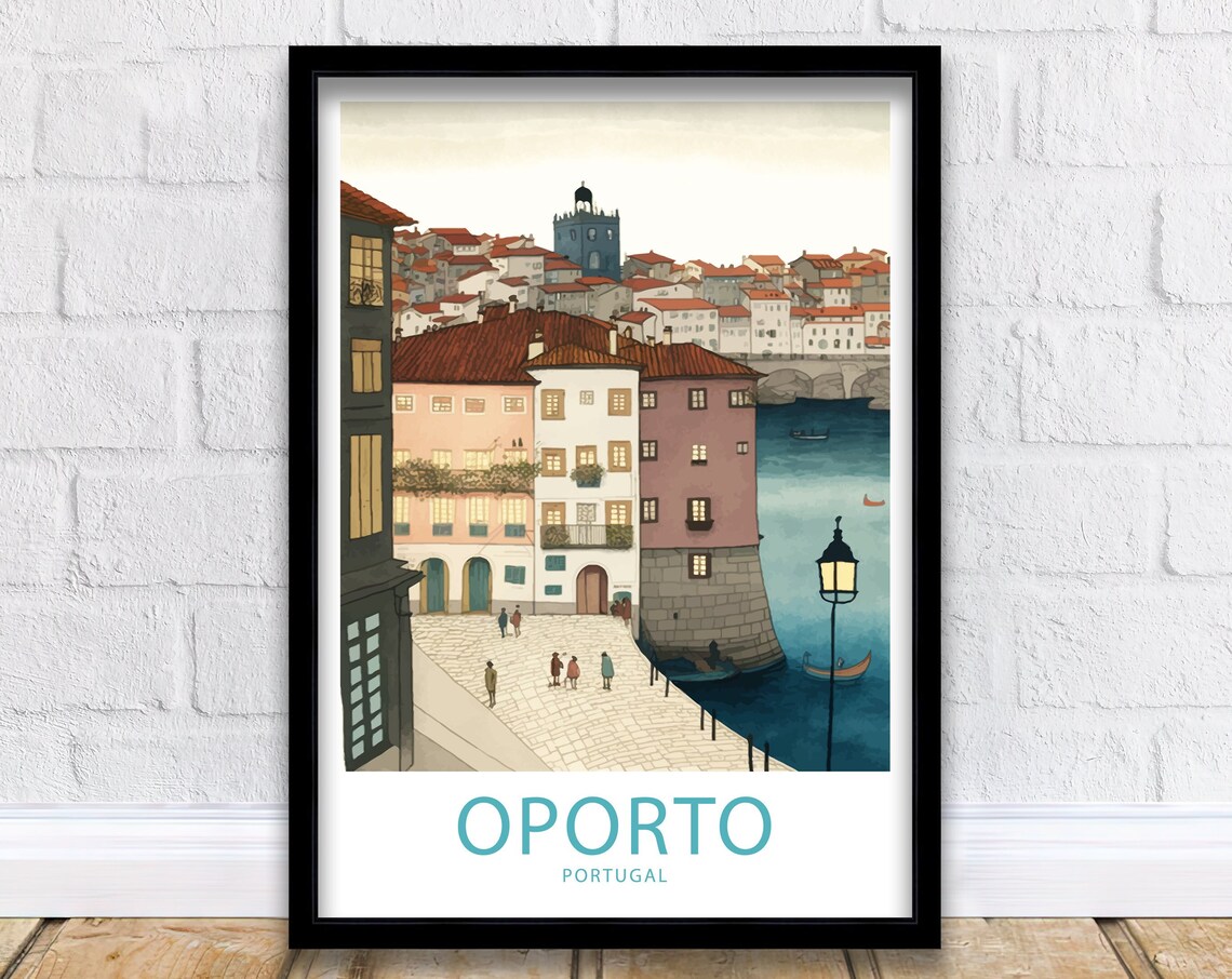 Oporto Portugal Riverside Old Town Waterfront Illustration Poster