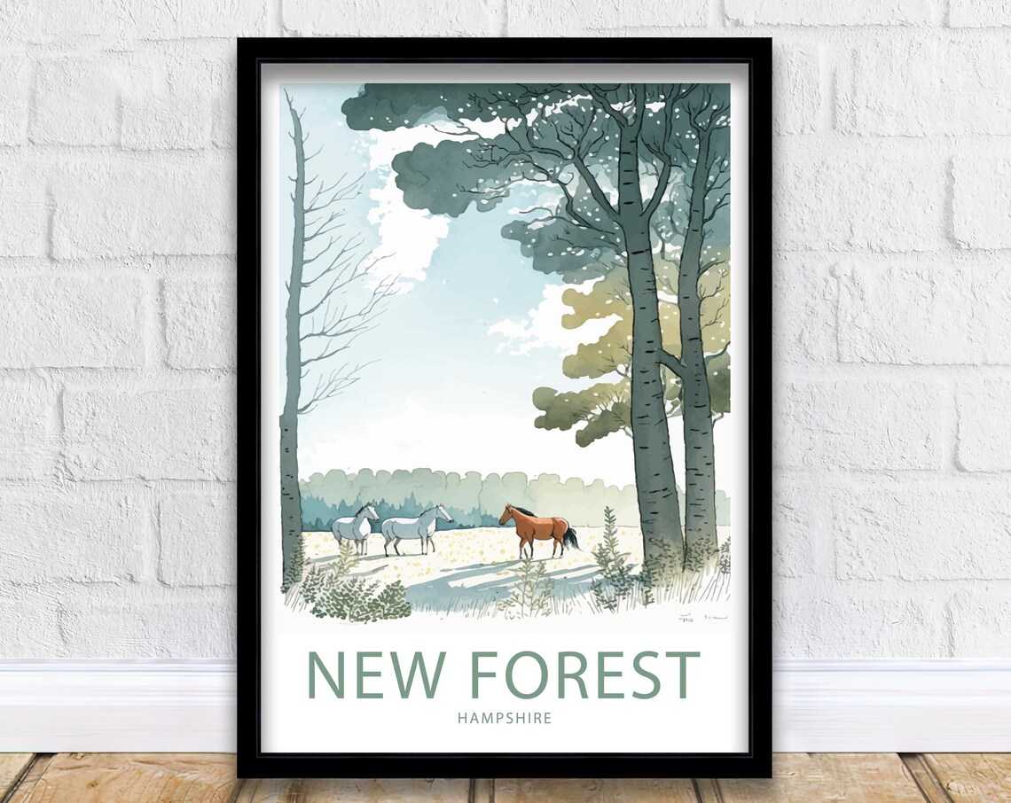New Forest Hampshire Horses Woodland Watercolor Nature Scene Poster