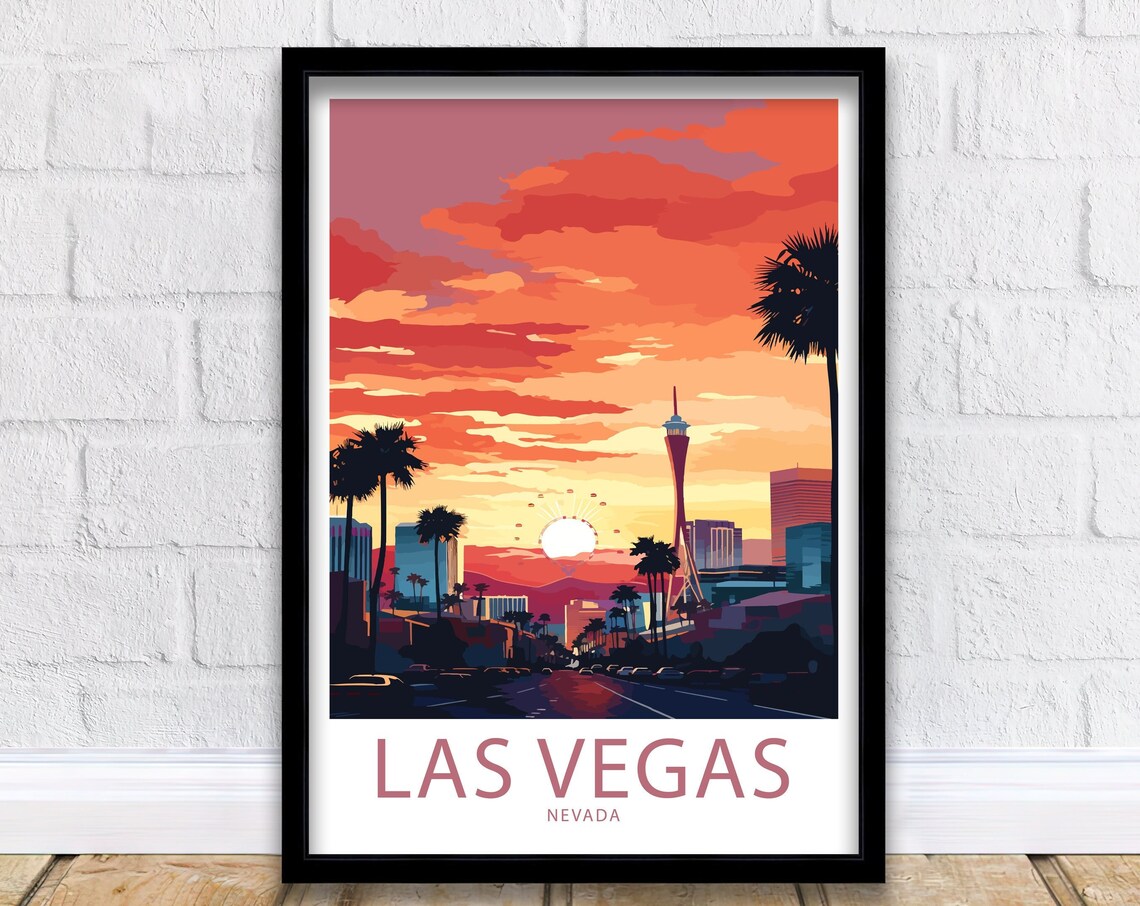 Las Vegas Nevada Sunset Skyline STRAT Tower Palm Trees Art Poster