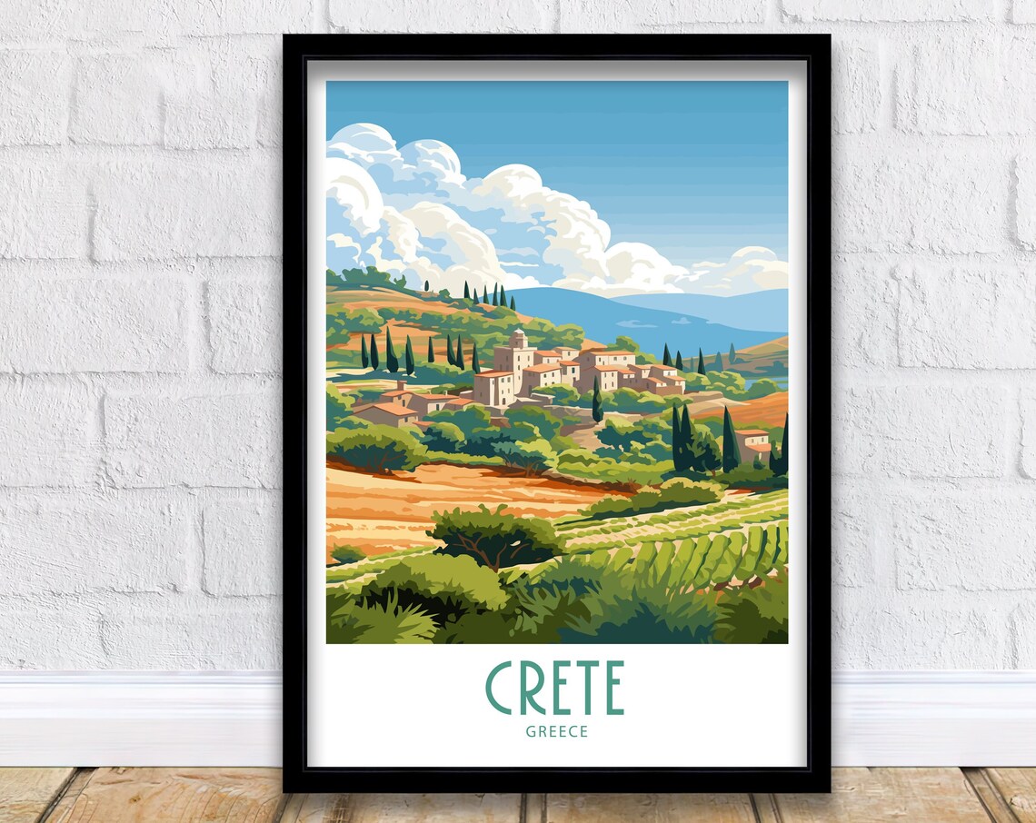 Crete Greece Rolling Hills Village Retro Countryside Travel Poster