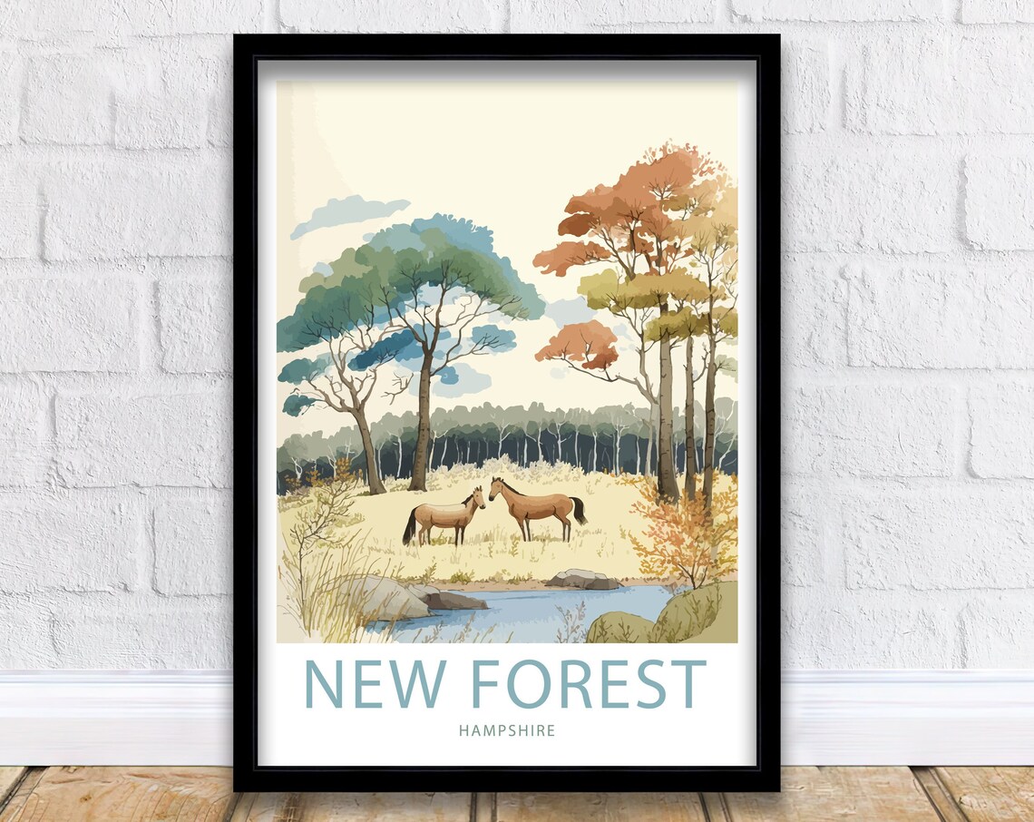New Forest Hampshire Autumn Ponies By The Stream Watercolor Poster