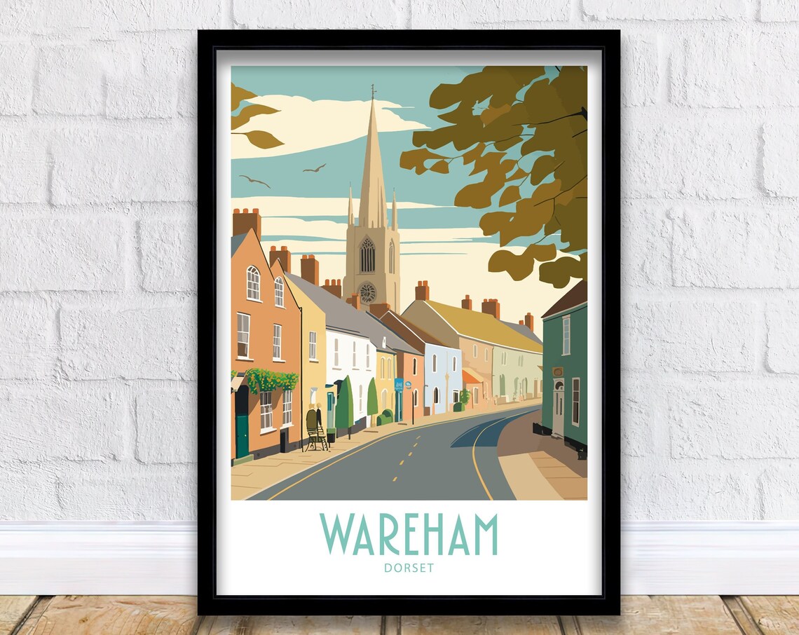 Wareham Dorset Historic High Street Church Spire Retro Art Poster
