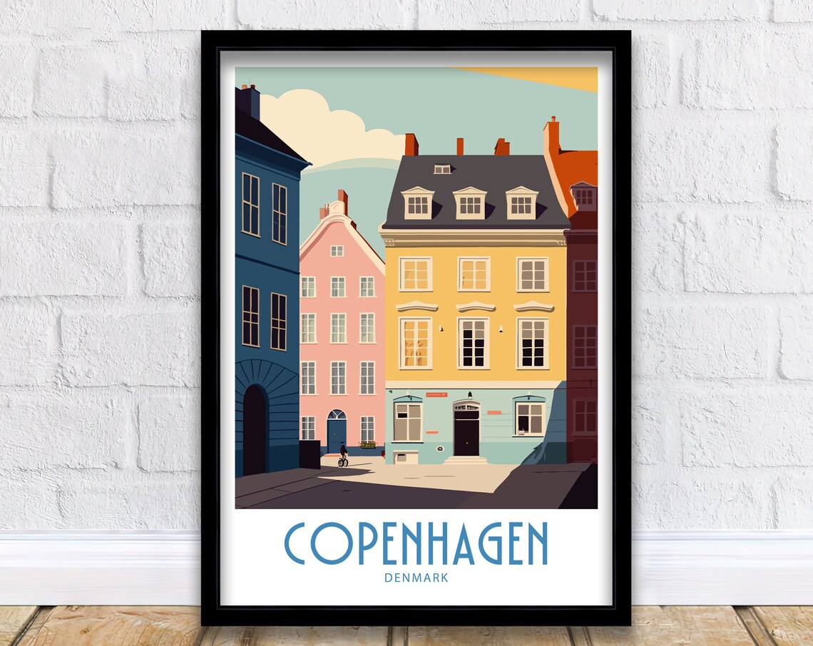 Copenhagen Denmark Colorful Old Town Street Retro Travel Poster