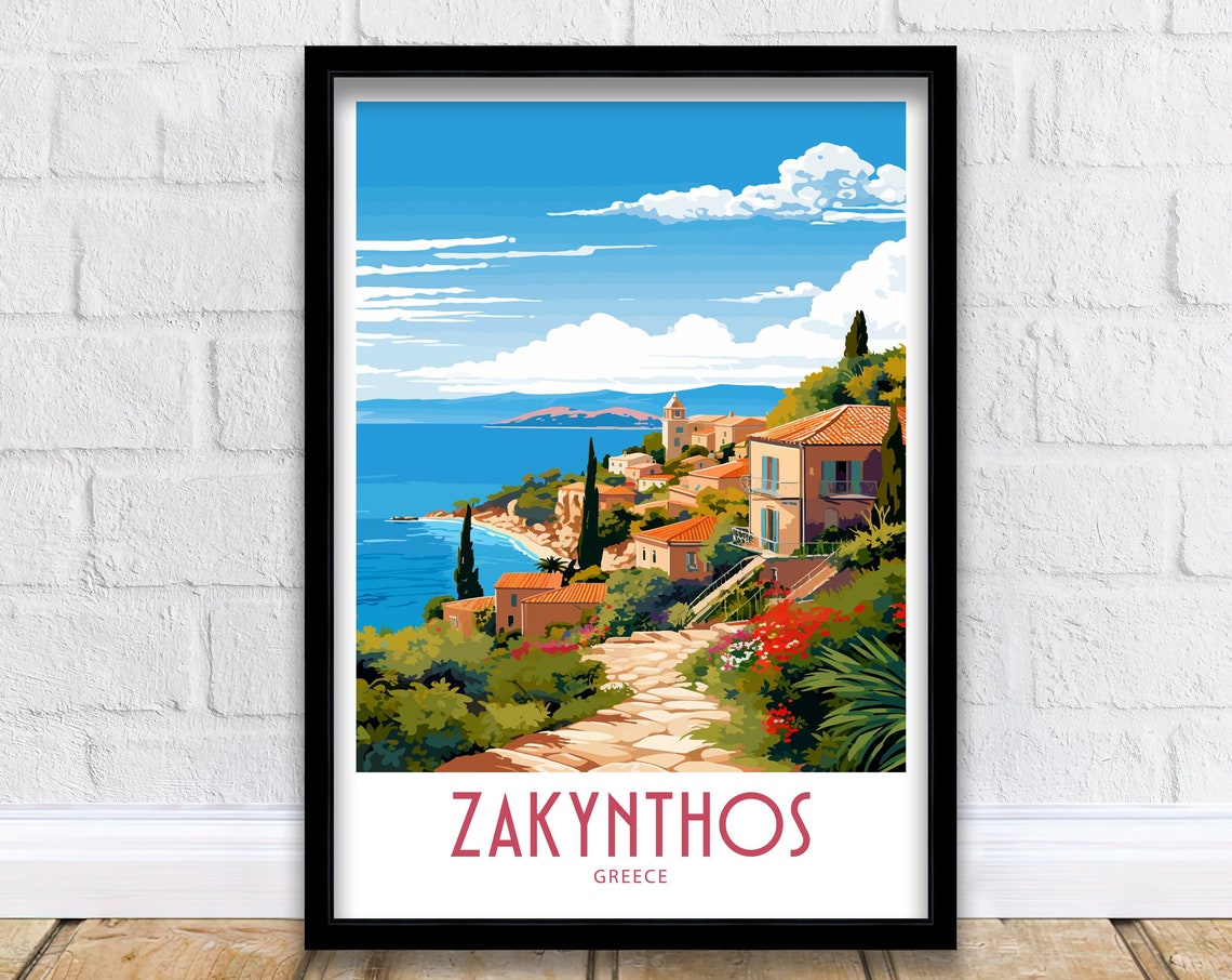 Zakynthos Greece Hillside Village Coastal Path Travel Poster