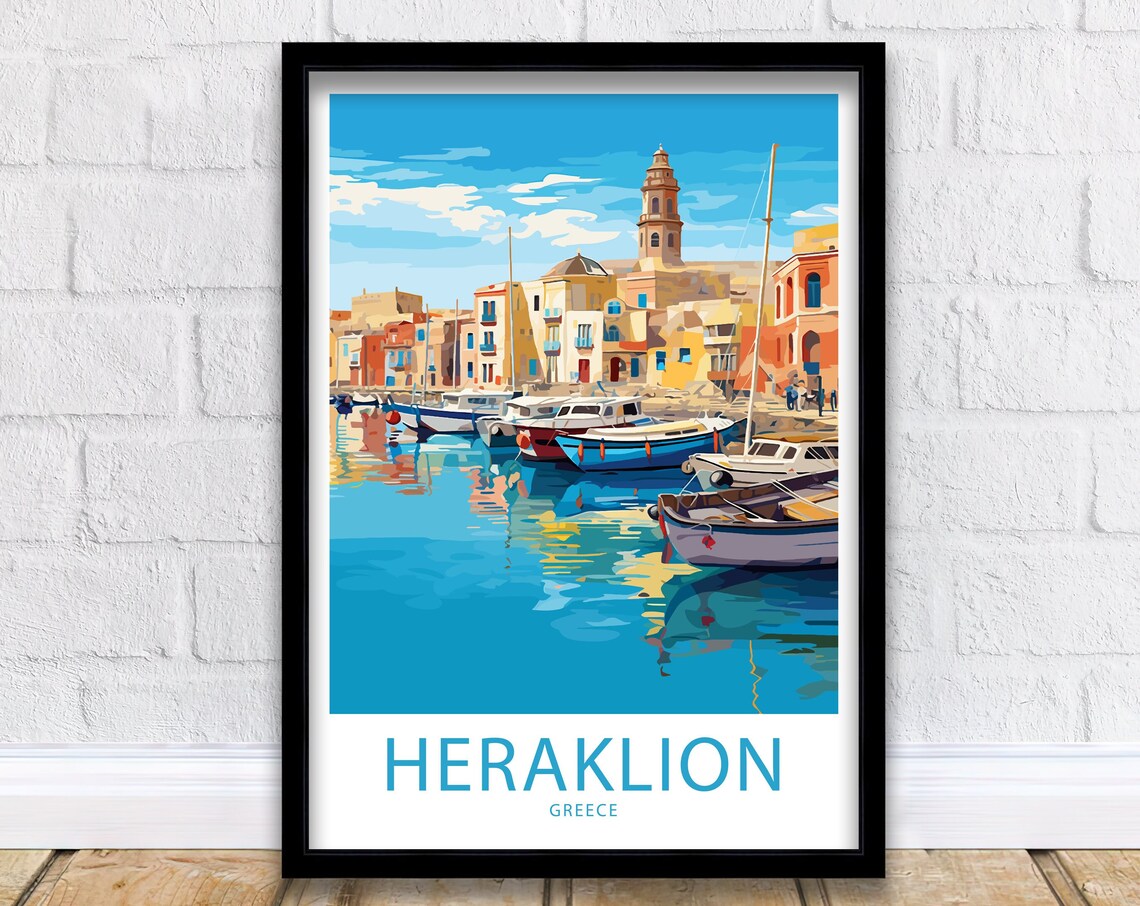 Heraklion Greece Old Harbor Fishing Boats Retro Travel Poster