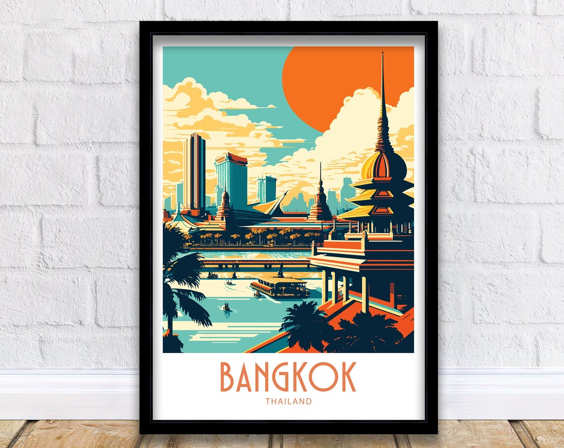 Bangkok Thailand Sunset Skyline With Temples And River Travel Poster
