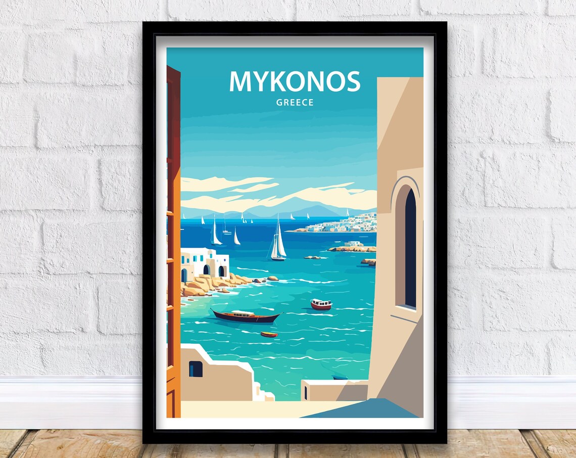 Mykonos Greece Harbour Sailboats Window View Vintage Travel Poster