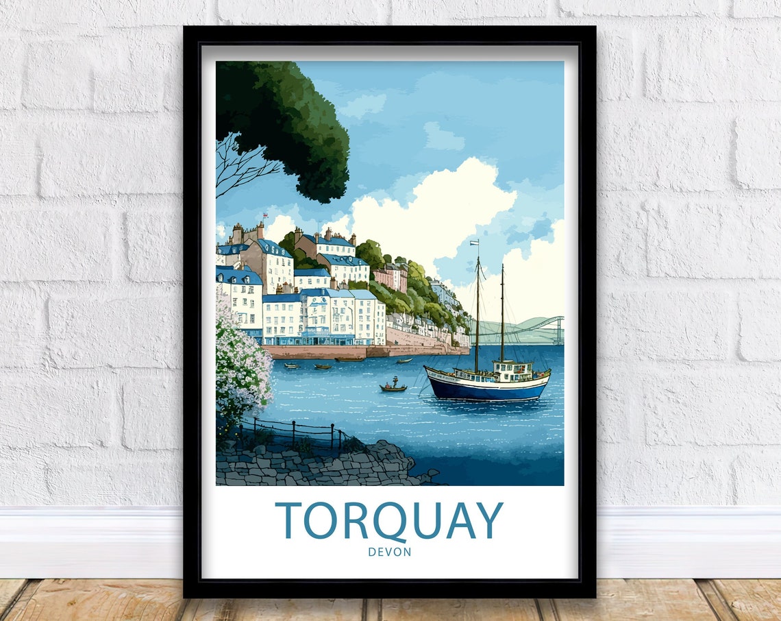 Torquay Devon Harbor Boats Seaside Cliffs Colorful Coast Poster