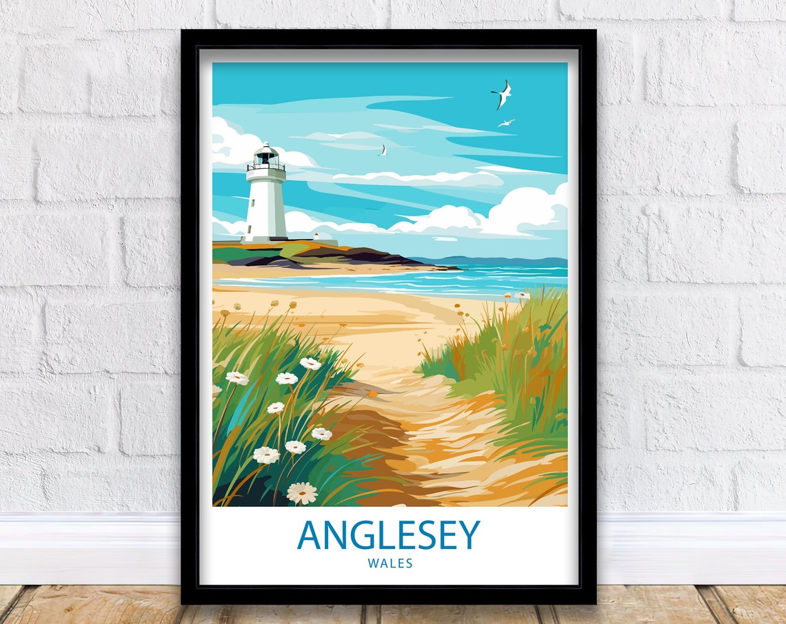 Anglesey Wales Lighthouse on a Sandy Beach Coastal Scene Poster