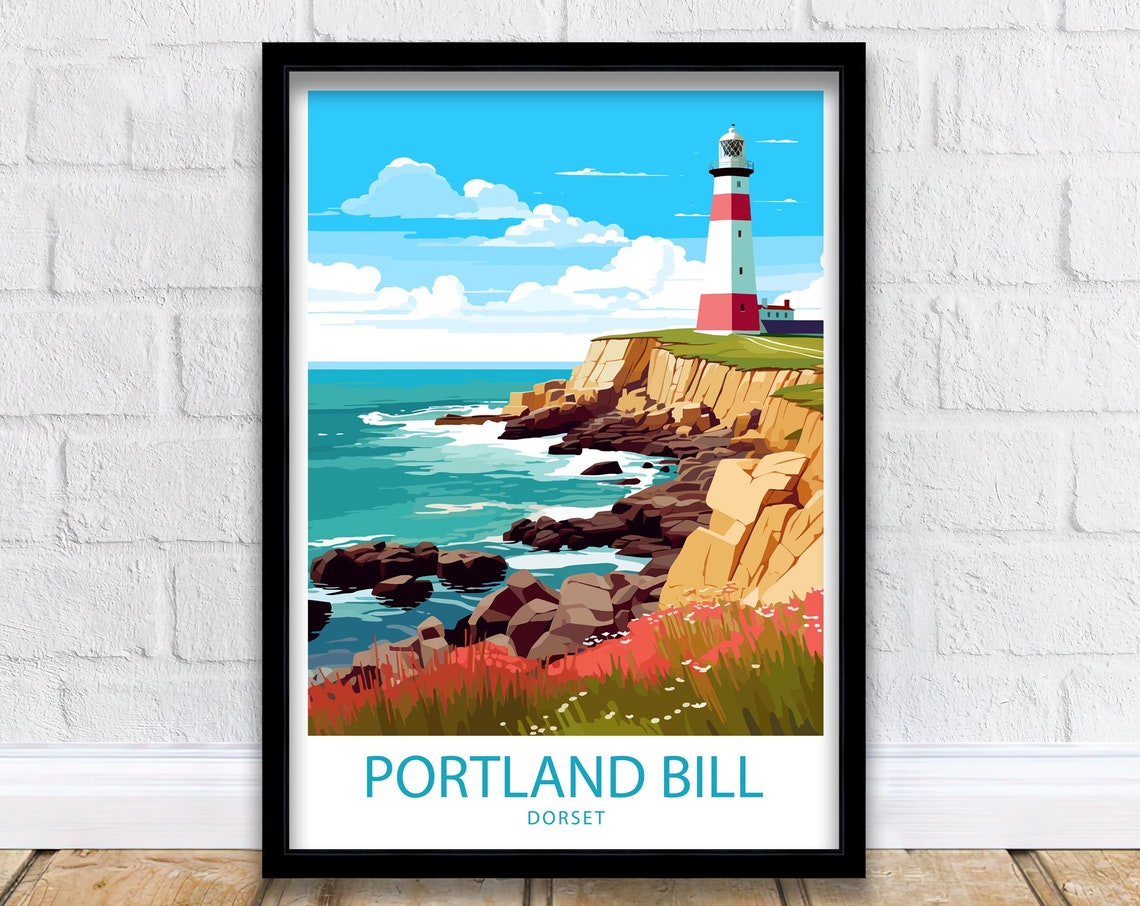 Portland Bill Dorset Red White Lighthouse Rocky Cliffs Travel Poster
