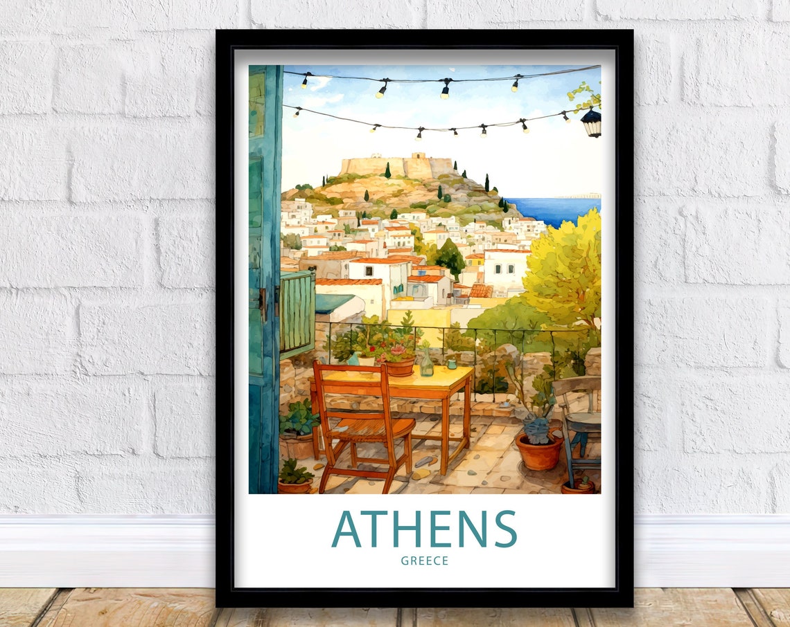 Athens Greece Terrace View Acropolis Old Town Watercolor Art Poster
