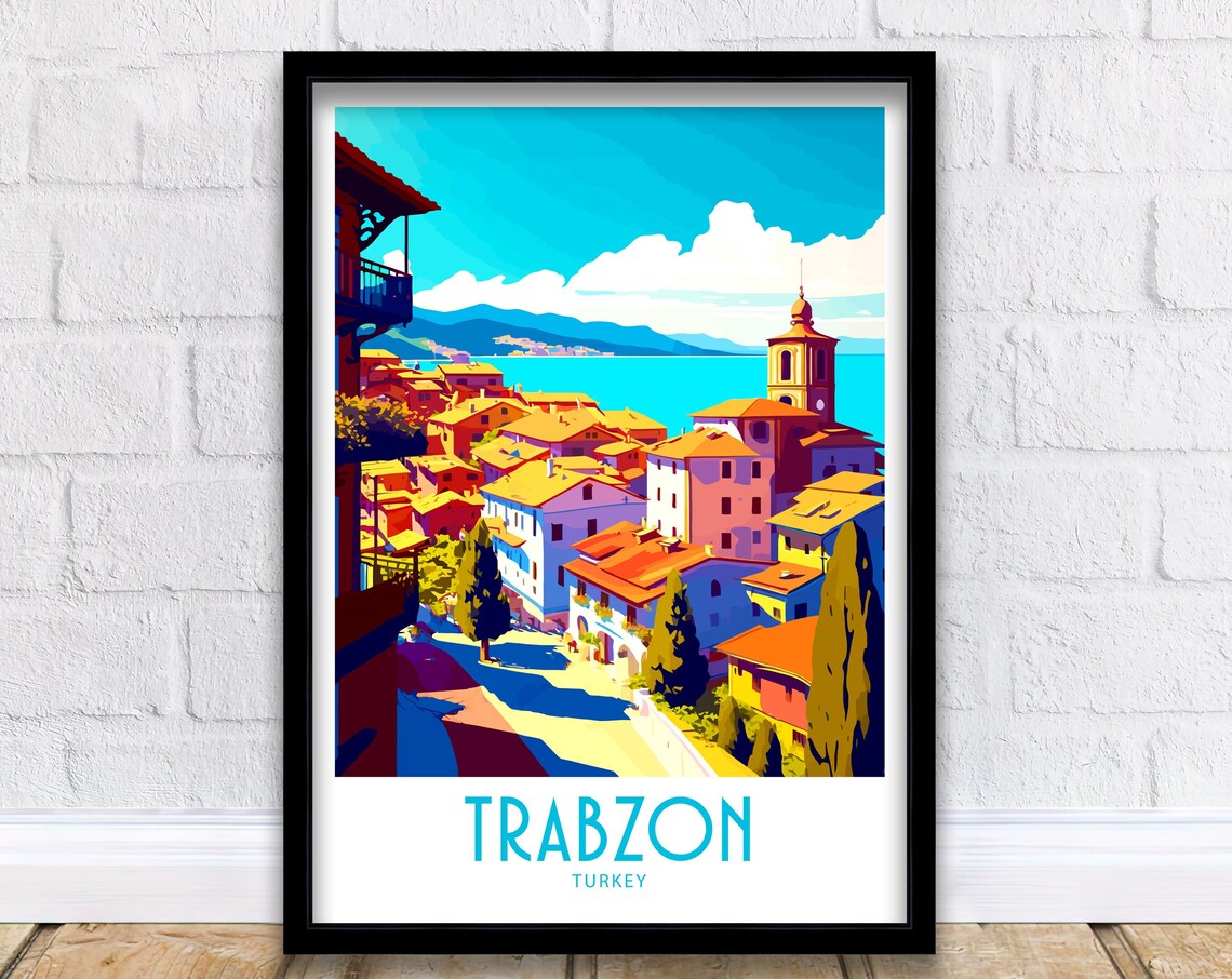 Trabzon Turkey Hillside Coastal Town Church Tower Turquoise Sea Poster