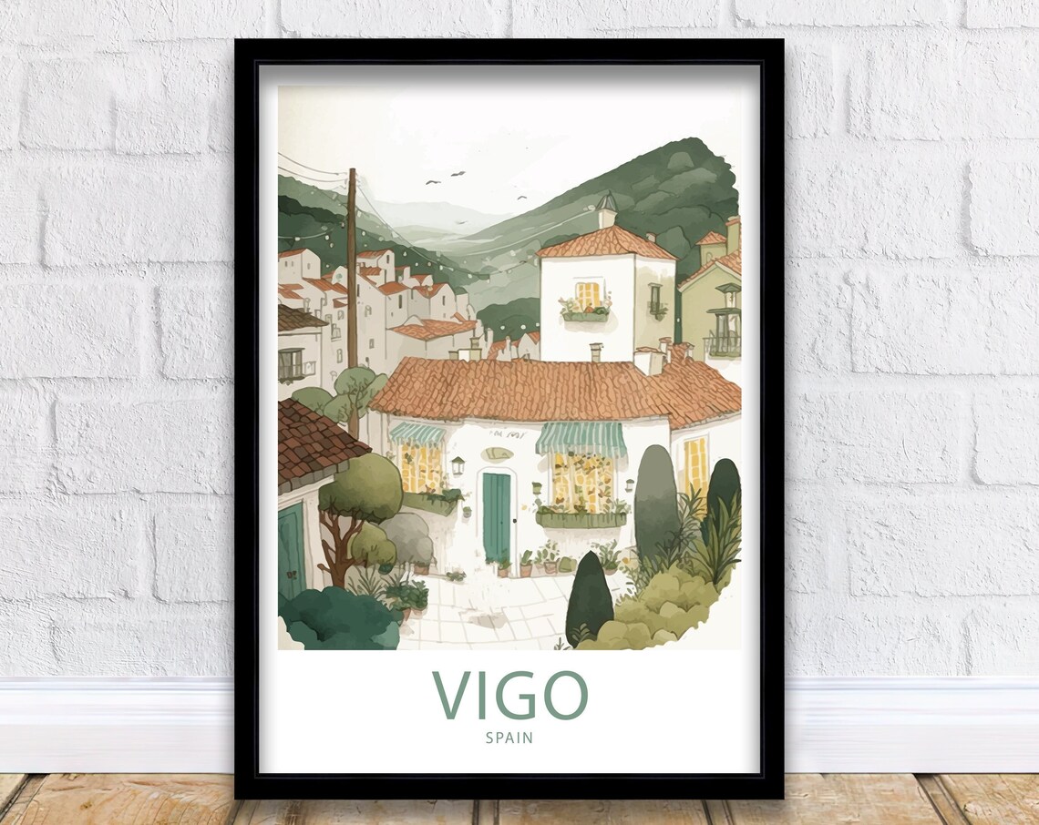 Vigo Spain Hillside Village Old Town Watercolor Illustration Poster