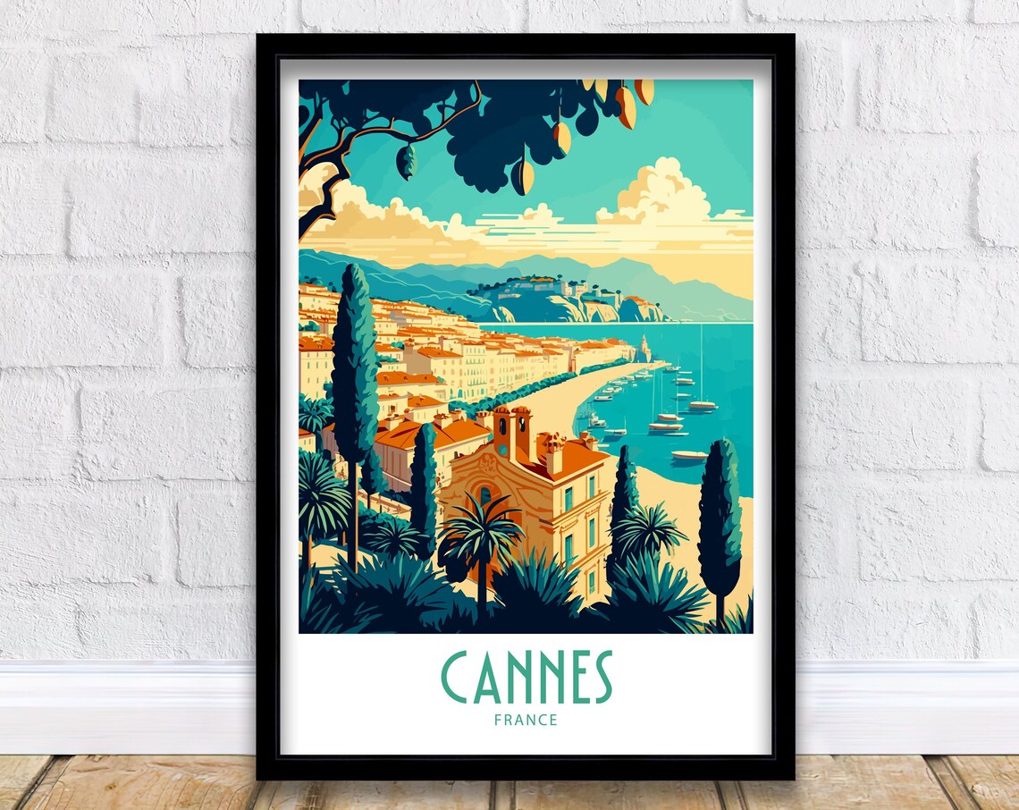Cannes France French Riviera Bay Beach Palms Panoramic Art Poster