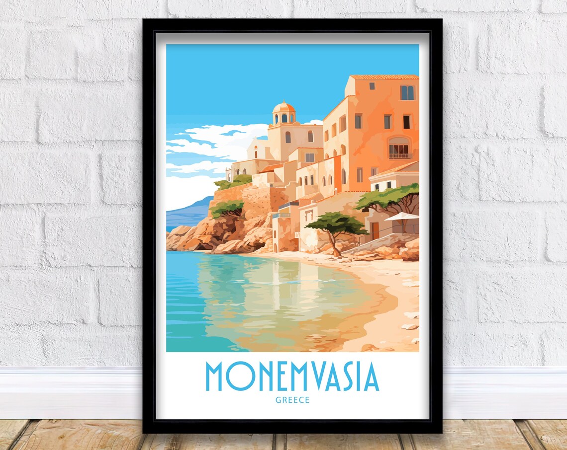 Monemvasia Greece Medieval Coastal Cliff Town Sea Cove Travel Poster