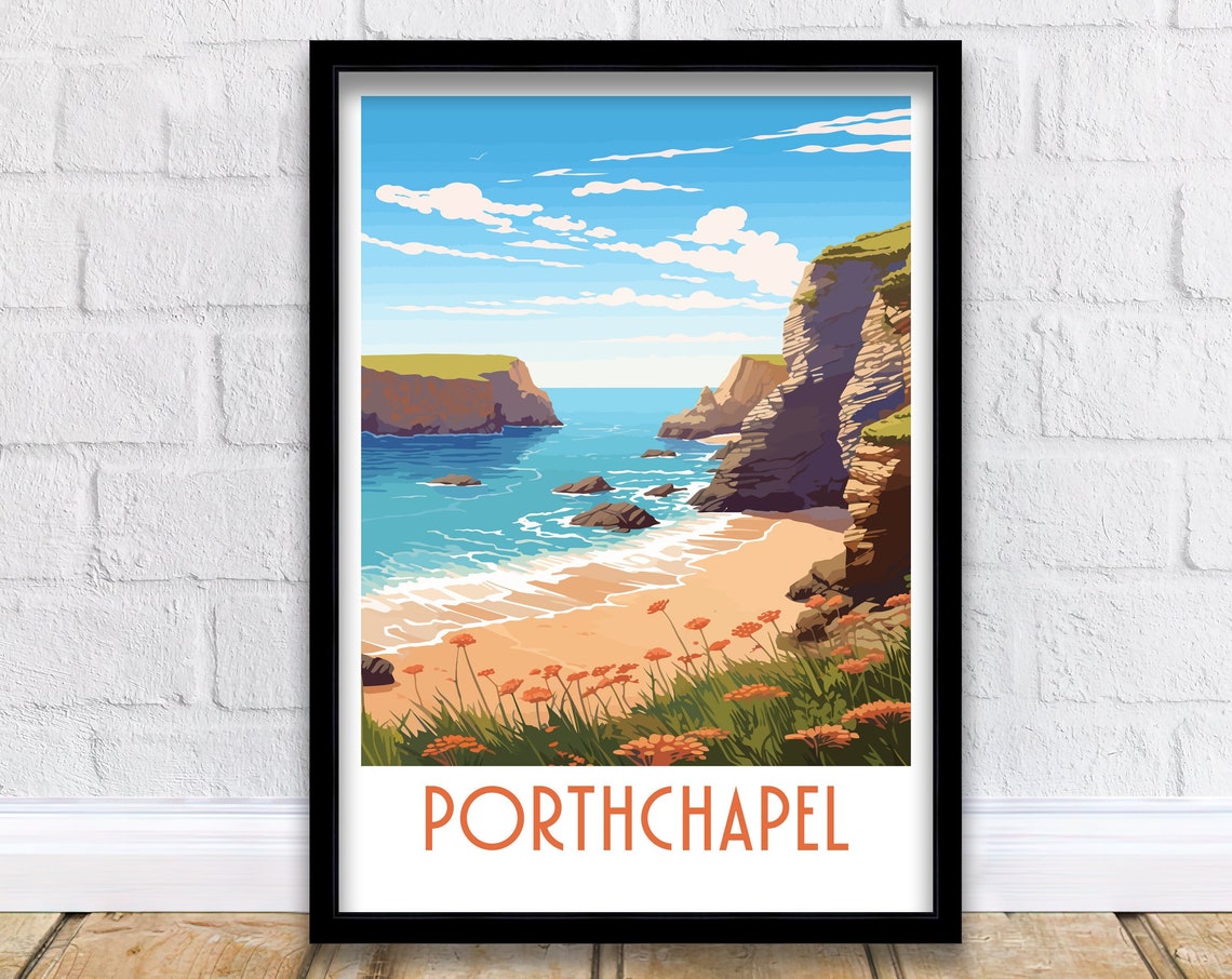 Porthchapel Cornwall Coastal Cliffs Beach Art Illustration Poster