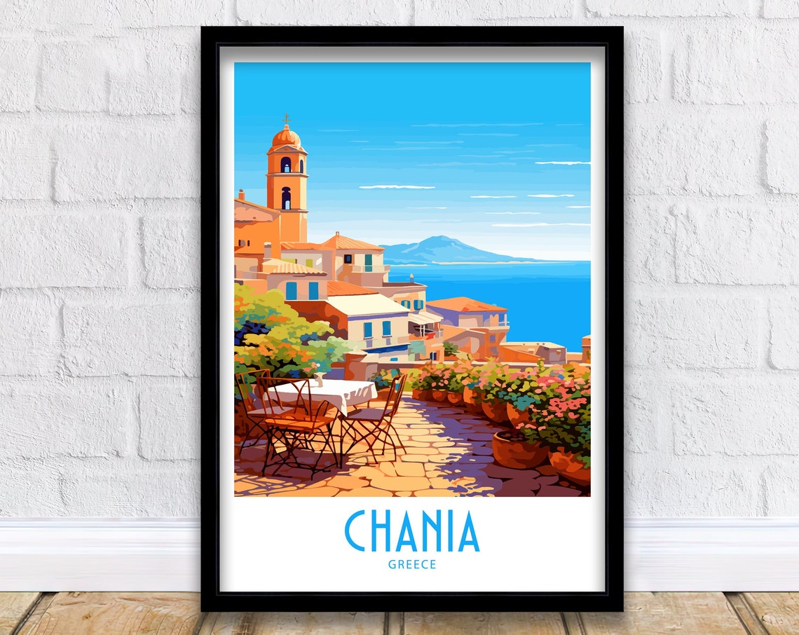 Chania Greece Seafront Terrace Mountain View Church Tower Art Poster
