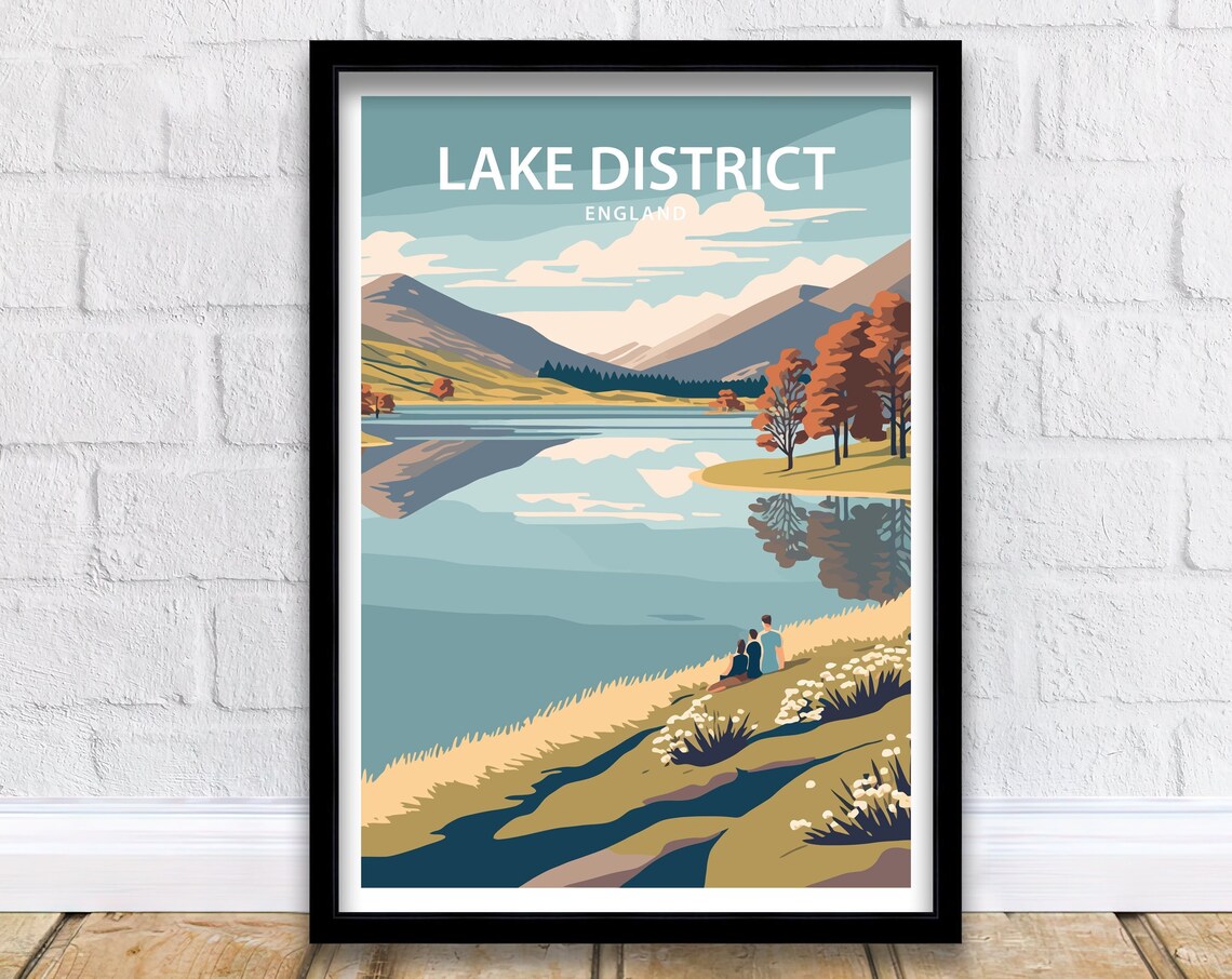 Lake District England Autumn Lakeshore Vintage Travel Poster