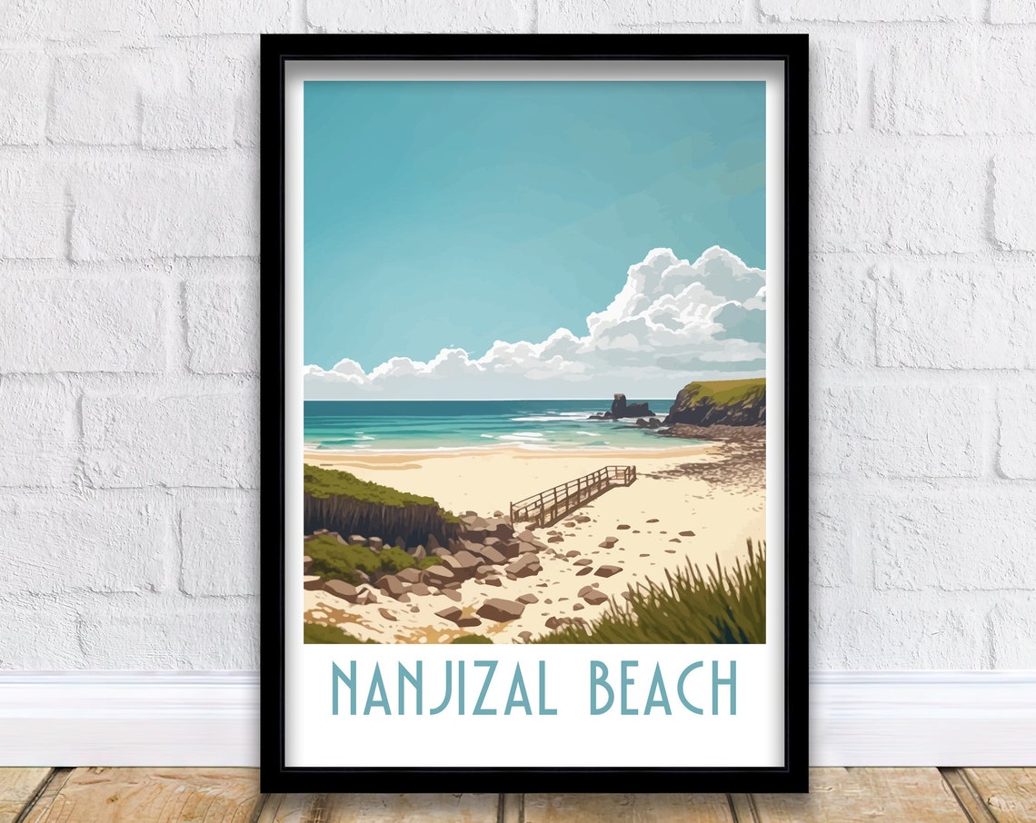 Nanjizal Beach Cornwall Sandy Shore Footbridge Rocks Retro Art Poster