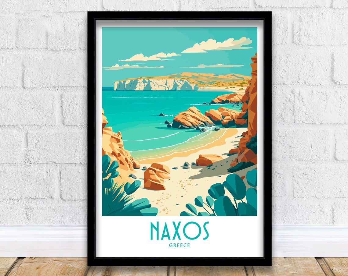 Naxos Greece Rocky Cliffs Cove Turquoise Sea Retro Travel Poster