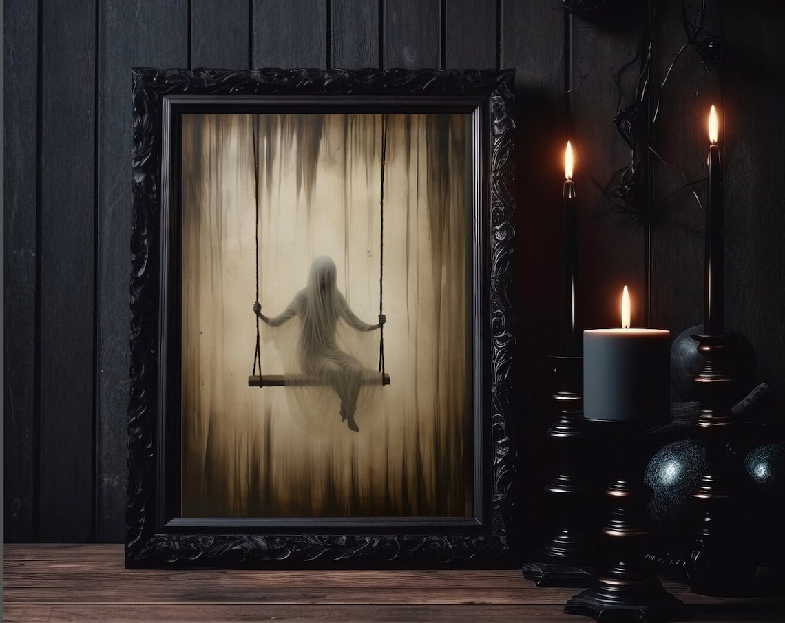 Sheeted Ghost On Swing Haunted Sepia Painting Witchy Halloween Poster
