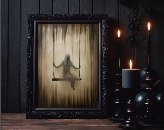Sheeted Ghost On Swing Haunted Sepia Painting Witchy Halloween Poster