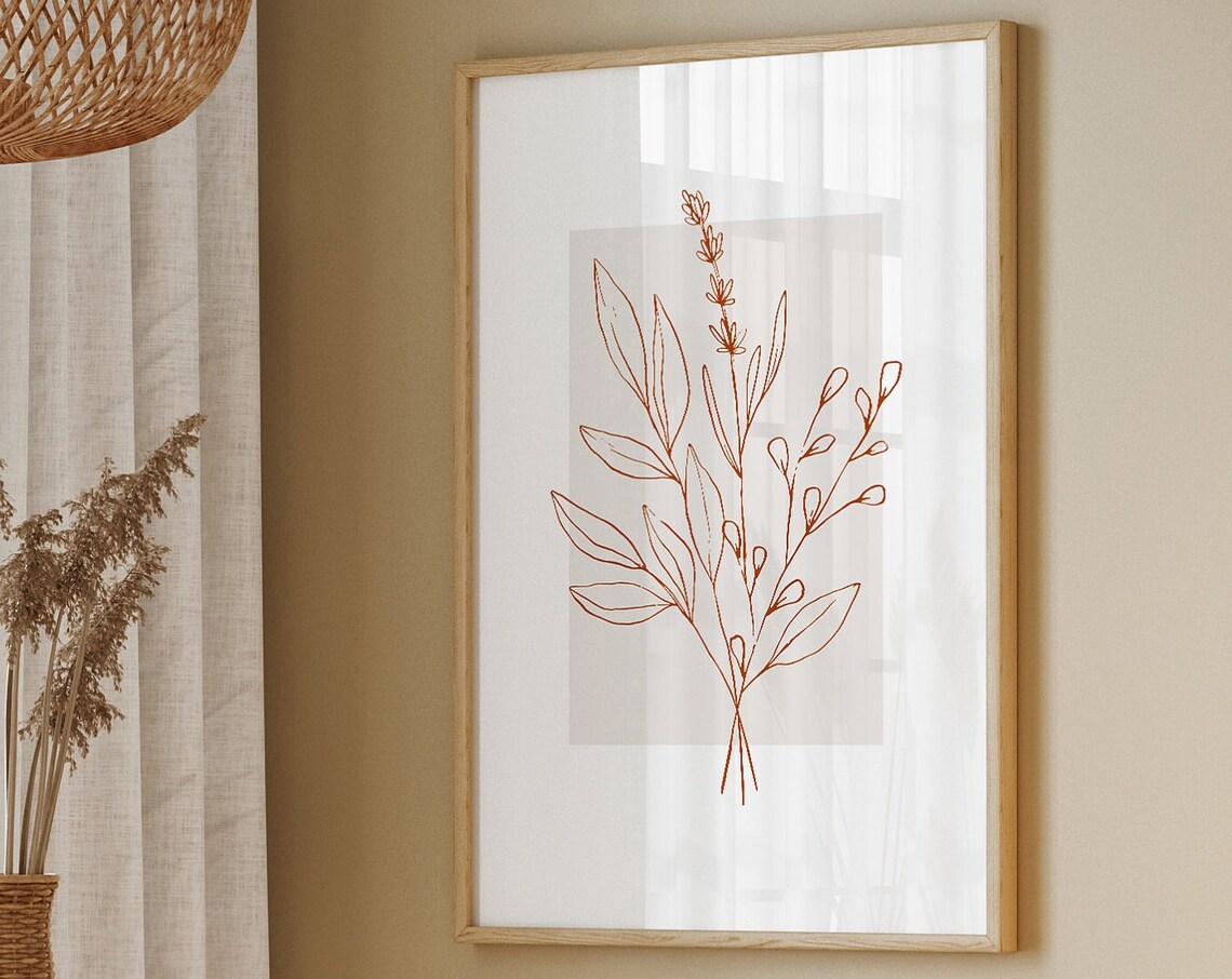 Minimalist Terracotta Botanical Line Art Floral Bouquet Wall Art
