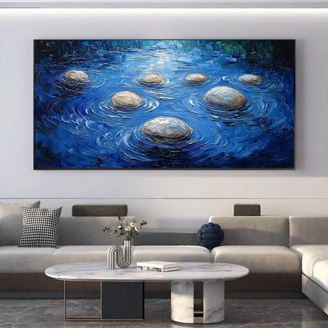 Smooth Round Stones Rising From Swirling Cobalt Blue Sea Poster - Image 2
