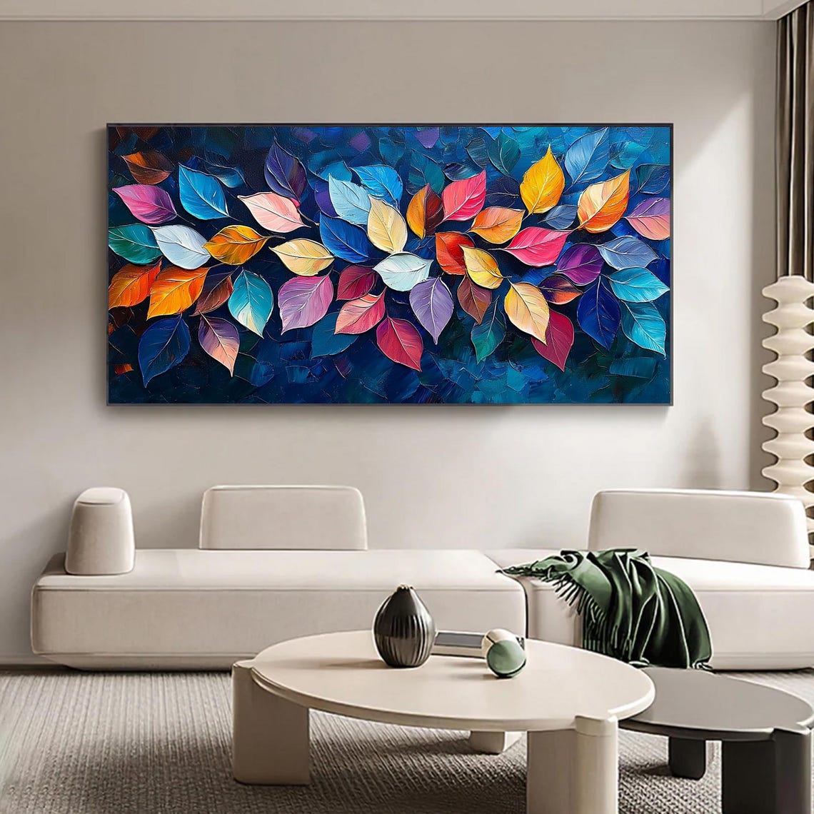 Rainbow Leaves Field Glowing on Navy Blue Abstract Botanical Wall Art - Image 5