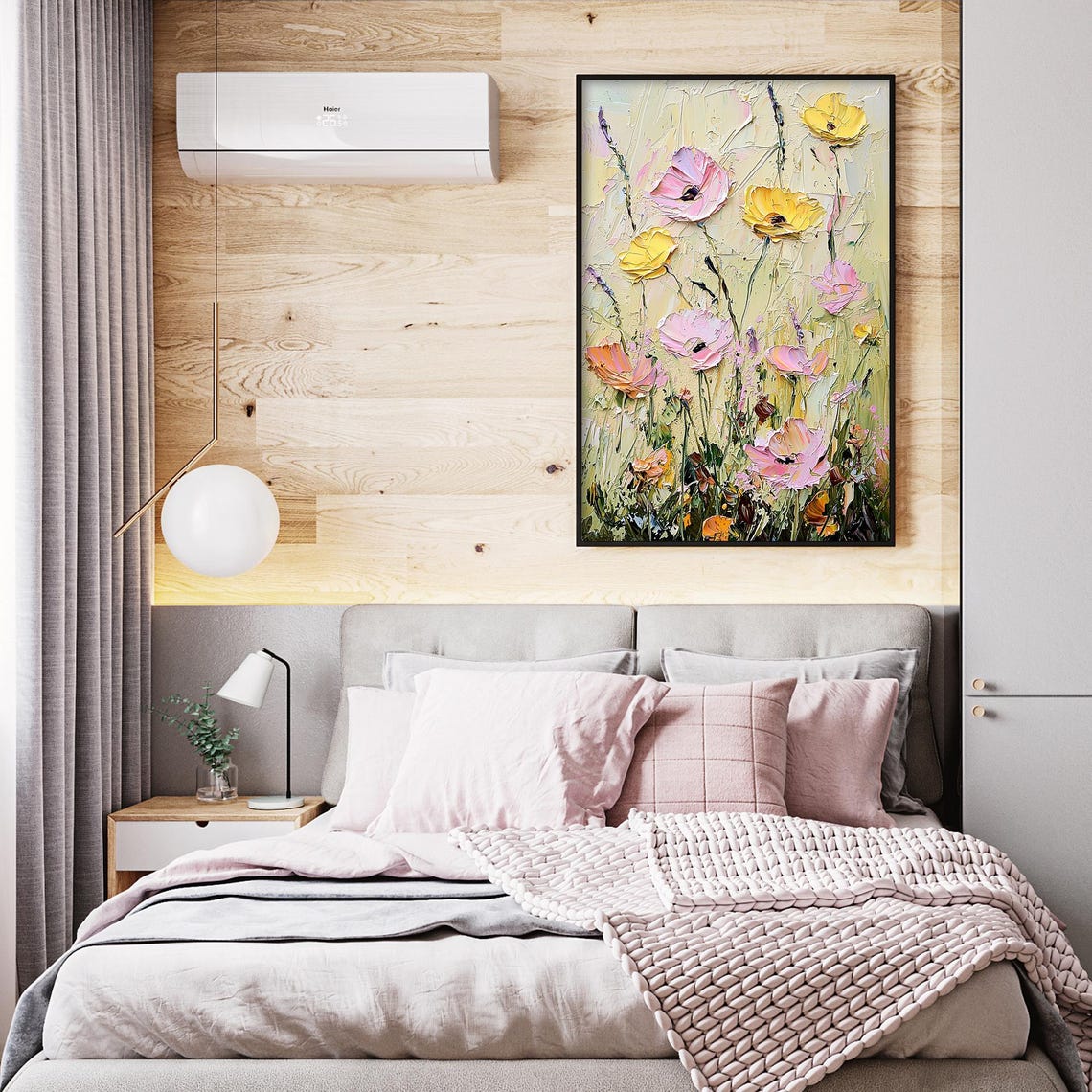 Pink Yellow Poppy Wildflowers Rising on Cream Textured Wall Art - Image 4