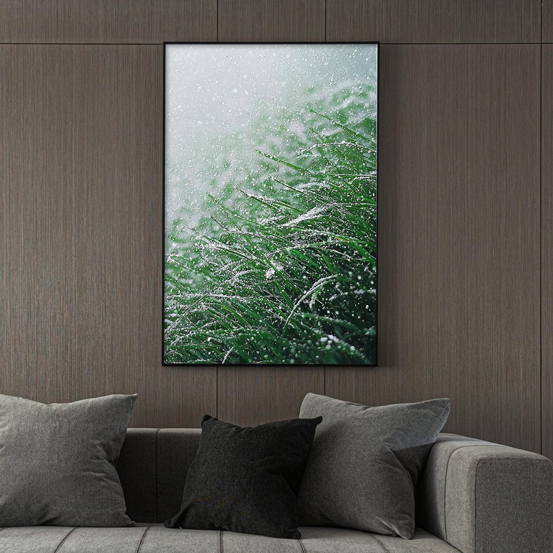 Falling Snow Dusting Lush Green Grass Close Up Winter Wall Art - Image 2