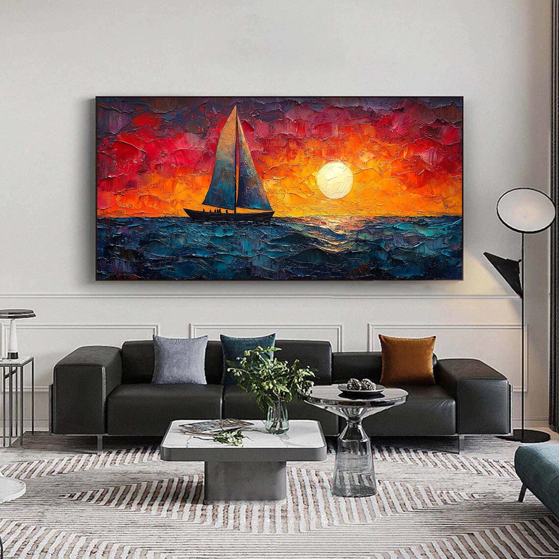Sailboat At Sunset On Red Orange Sky With Dark Teal Waves Poster - Image 5