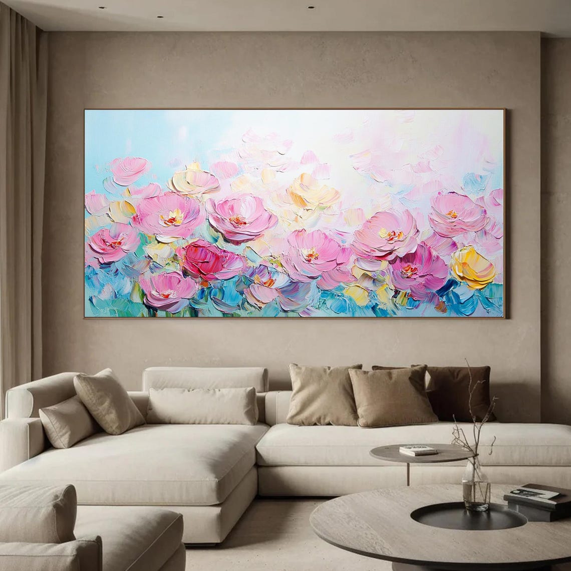 Pink Peony Blossoms Blooming on Turquoise Impasto Floral Wall Art - Image 5