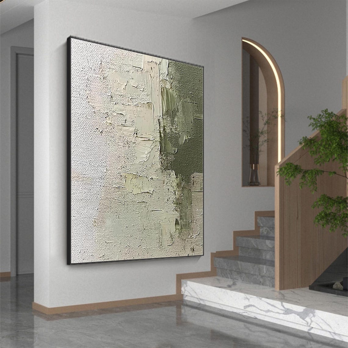 Beige Plaster Abstract with Olive Green Block Minimalist Wall Art - Image 4