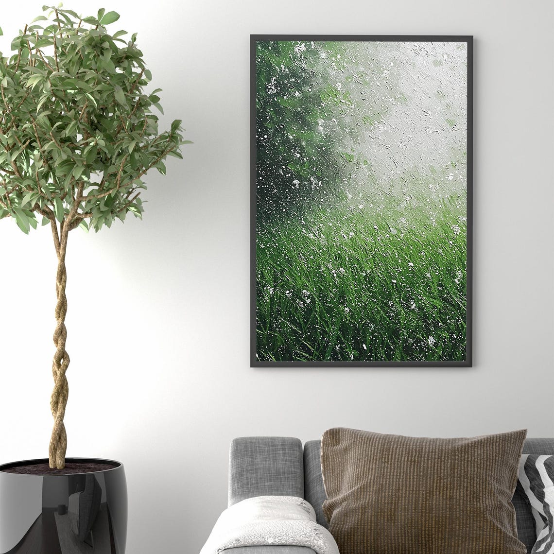 Snowy Green Grass Field Dissolving into Winter Mist Nature Wall Art - Image 4