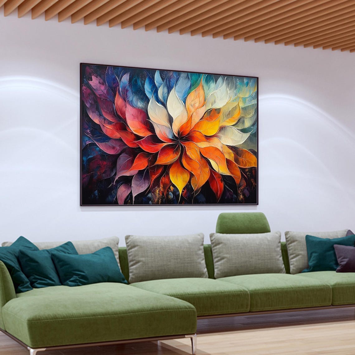 Rainbow Leaf Bloom Burst Radiating on Dark Abstract Floral Wall Art - Image 2