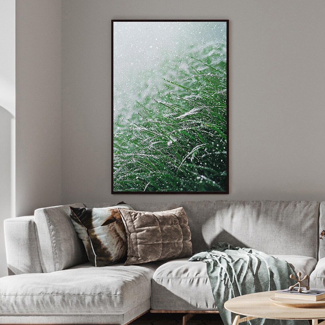 Falling Snow Dusting Lush Green Grass Close Up Winter Wall Art - Image 5
