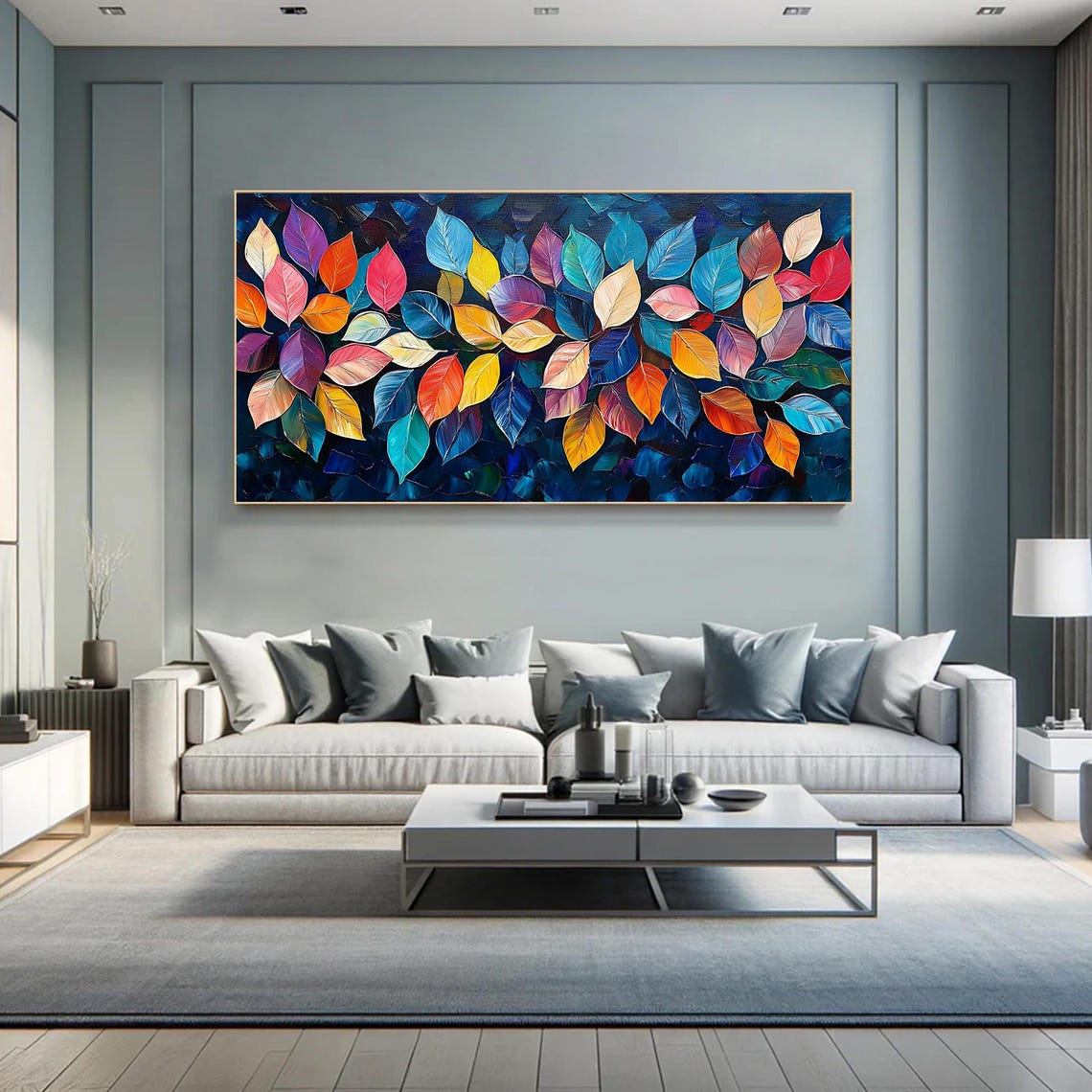 Vibrant Rainbow Leaves Cluster on Dark Blue Abstract Wall Art - Image 2
