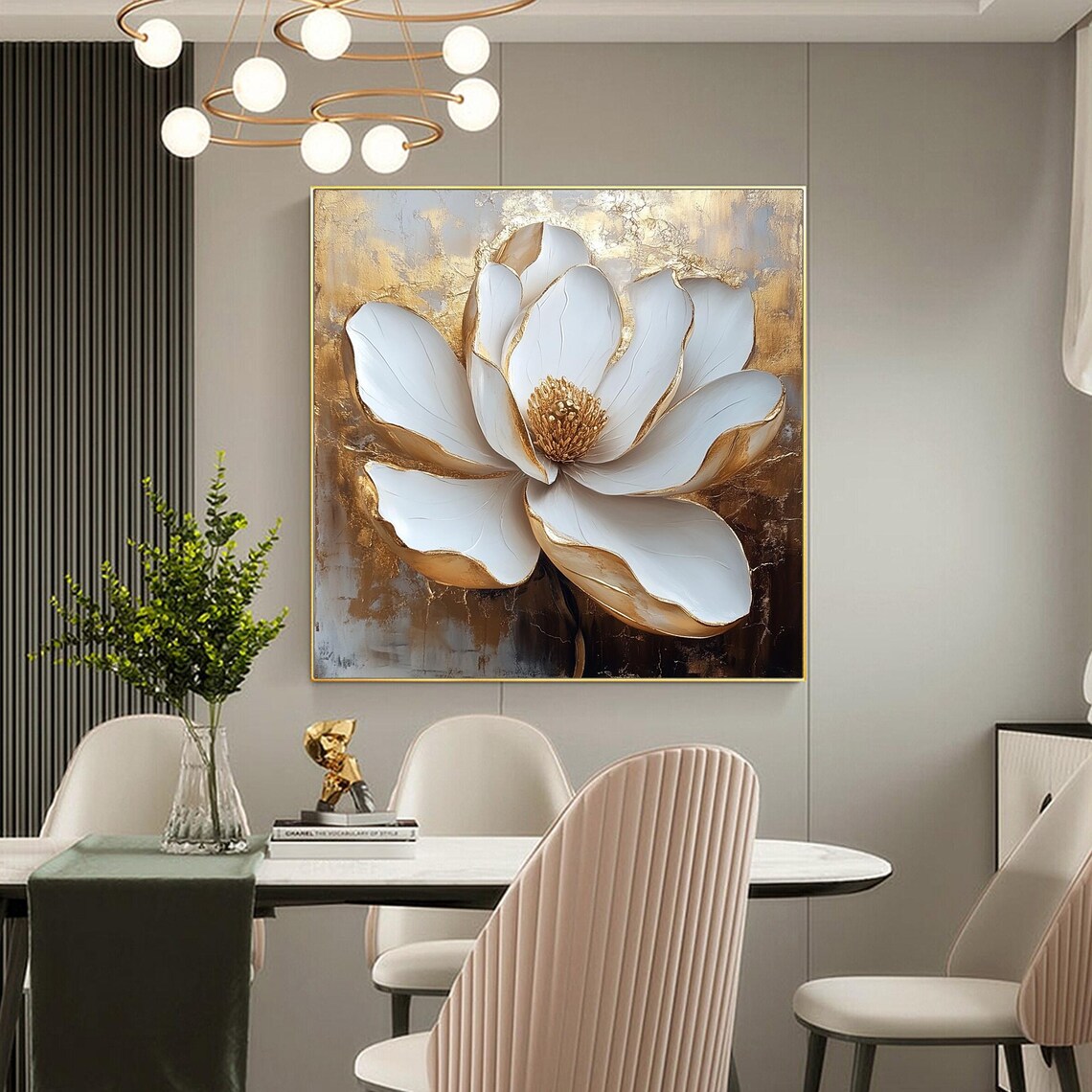 White Flower Oil Painting, White And Gold Art Print - Image 4