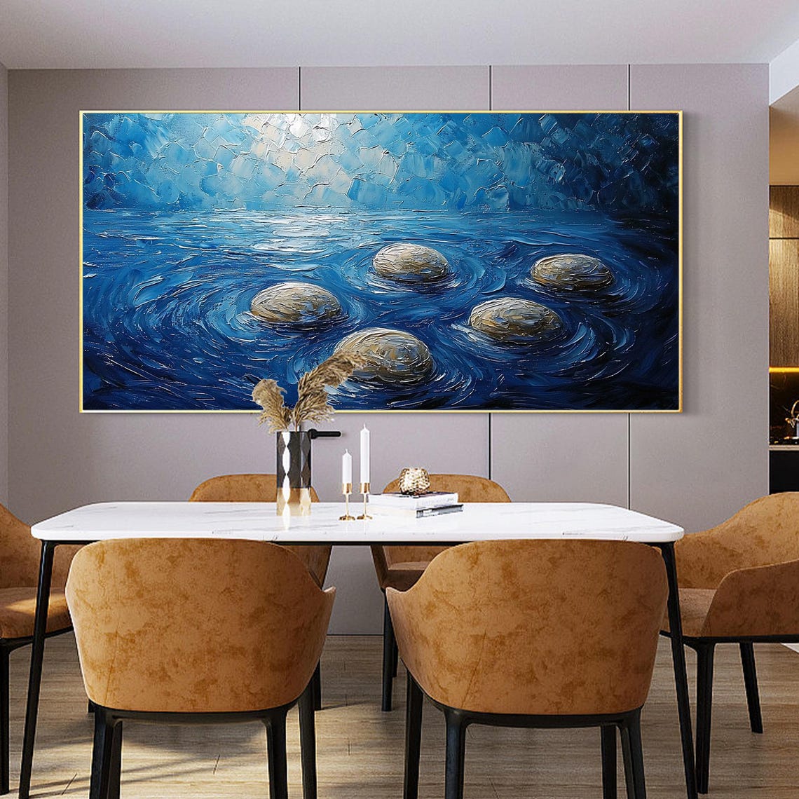 Smooth River Stones Resting In Swirling Deep Blue Water Poster - Image 4